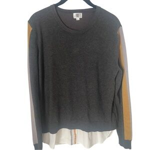 YAL Women's Gray Crew Neck Sweater with Color Block Sleeves Sz L